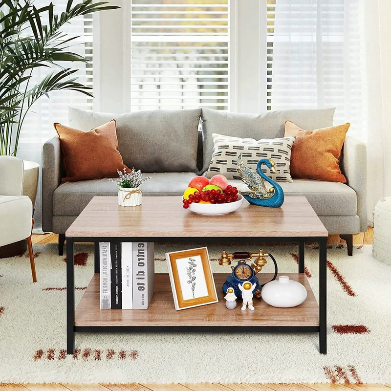 Modern 2-Tier Metal Wooden Coffee Table in Natural Wood Finish by HomePacific