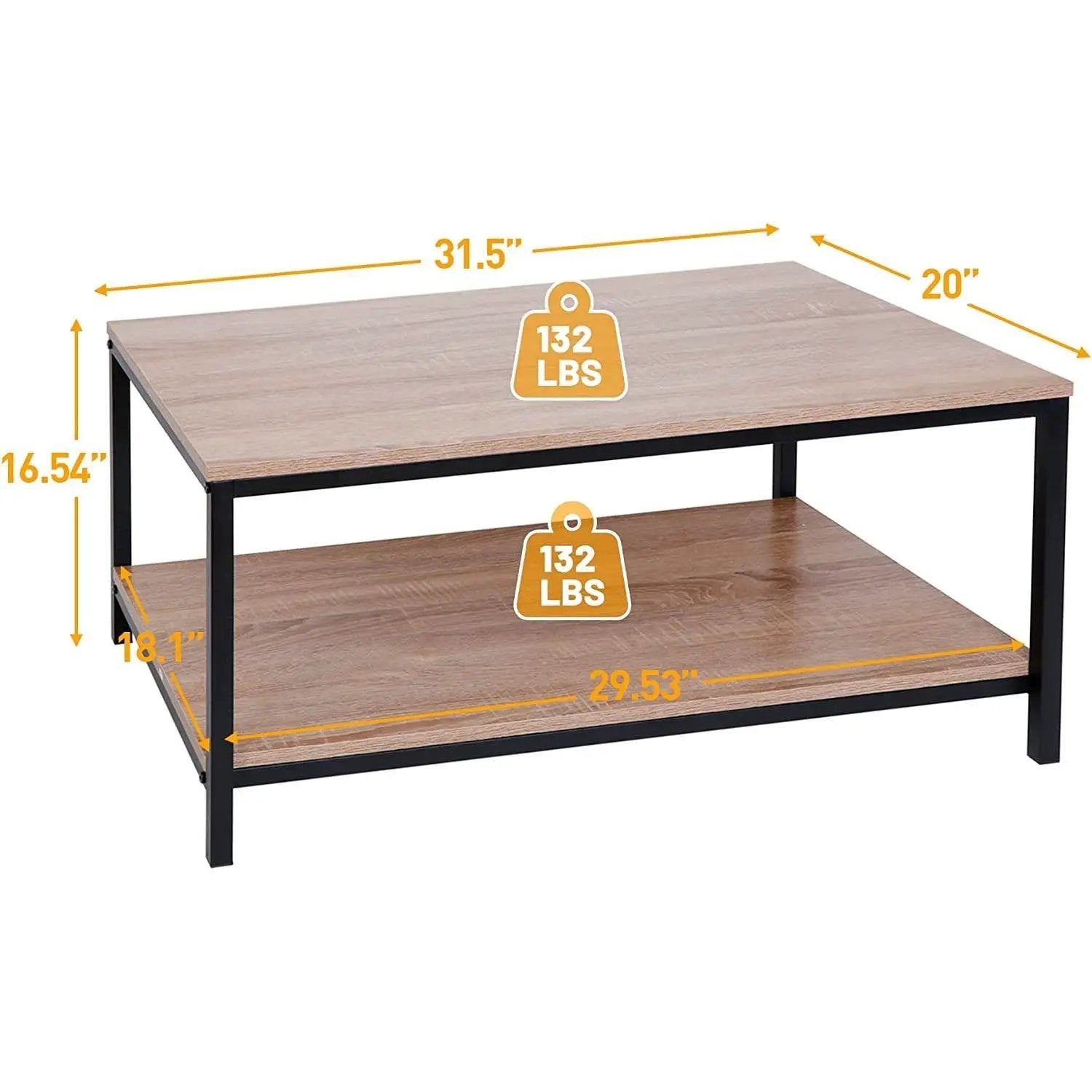 Modern 2-Tier Metal Wooden Coffee Table in Natural Wood Finish by HomePacific