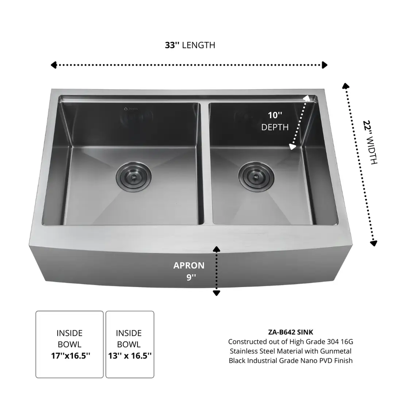 Zeek 33" Farmhouse Workstation 60/40 Bowl Gunmetal Matte Black Kitchen Sink With Accessories PVD Nano Tech Coating ENZO ZA-B642 by ZEEK