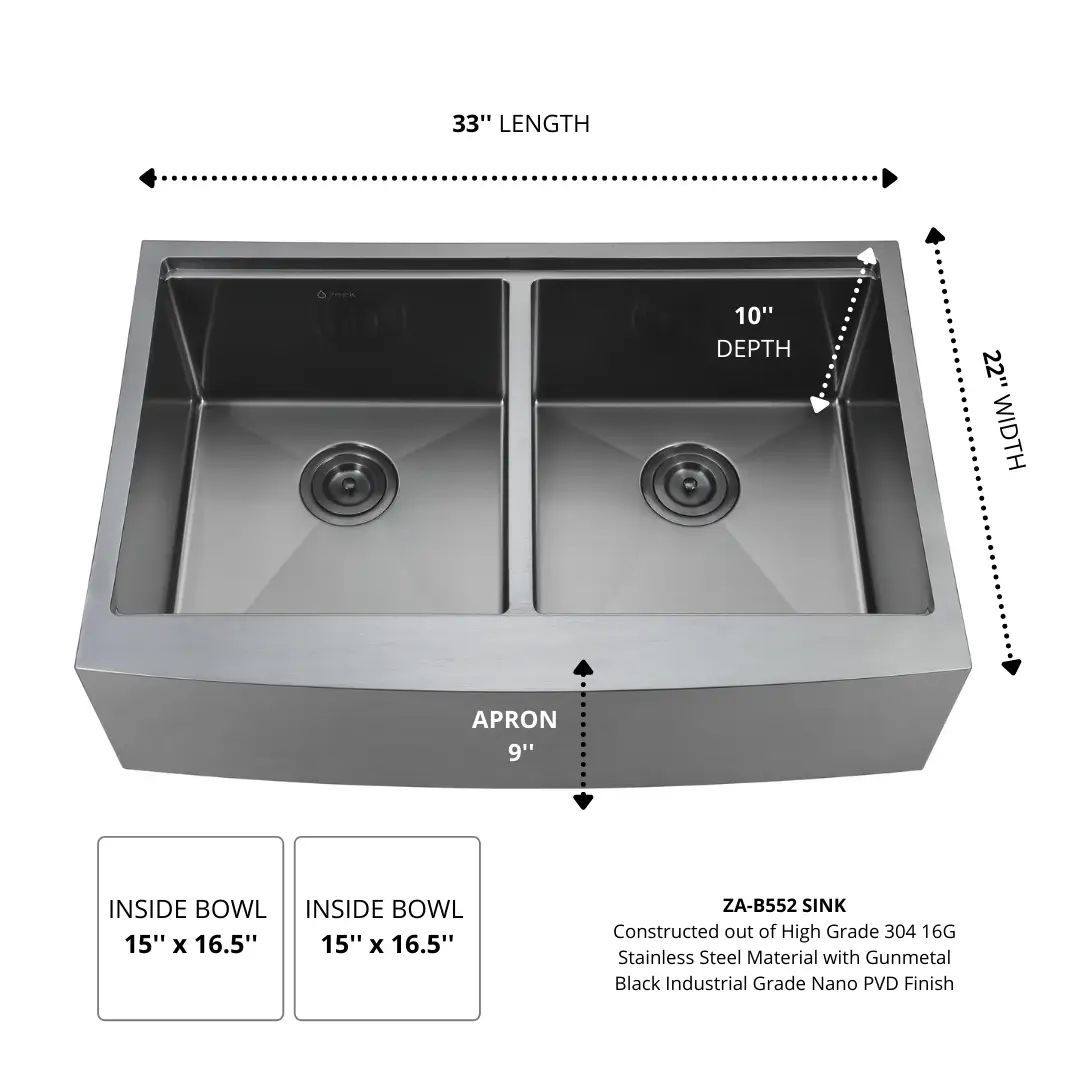 Zeek 33" Farmhouse Workstation Double Bowl Gunmetal Matte Black Kitchen Sink With Accessories PVD Nano Tech Coating ENZO ZA-B552 by ZEEK