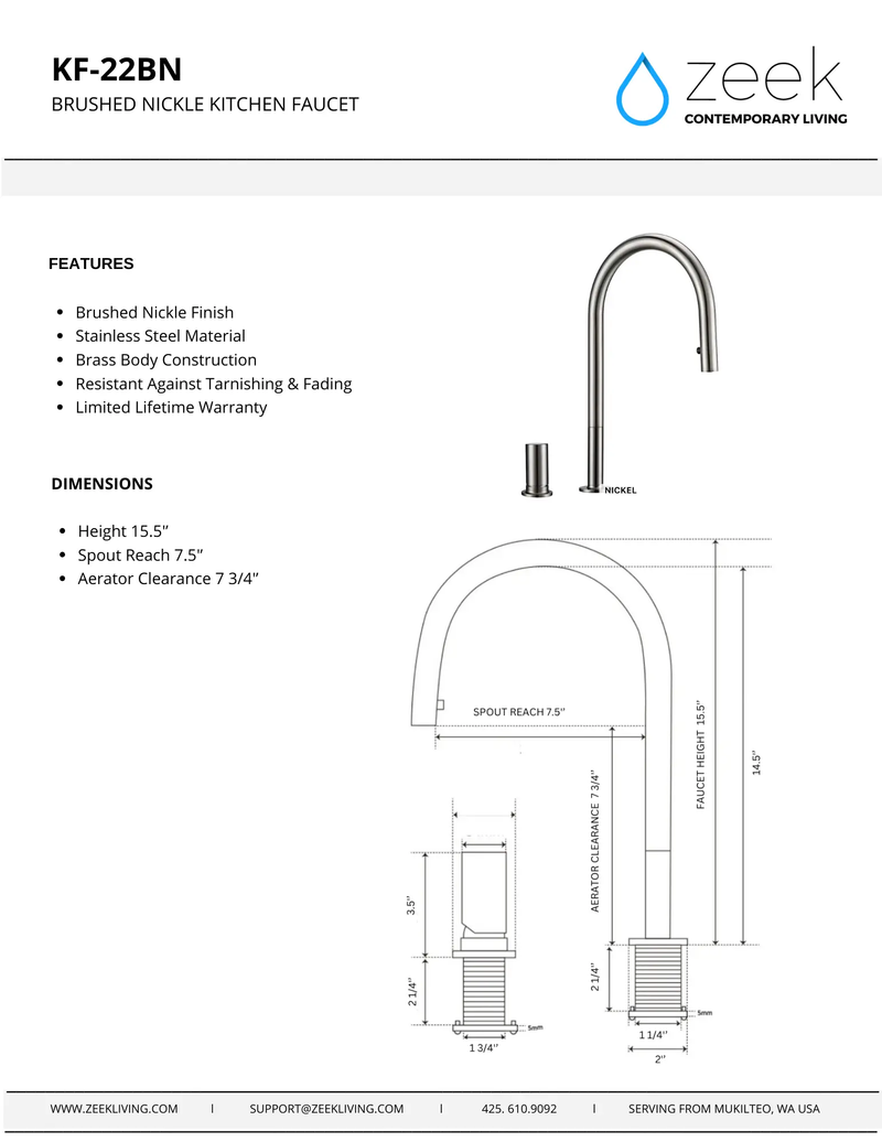 KF-22BN Brushed Nickle Pull-Down Kitchen Faucet by ZEEK