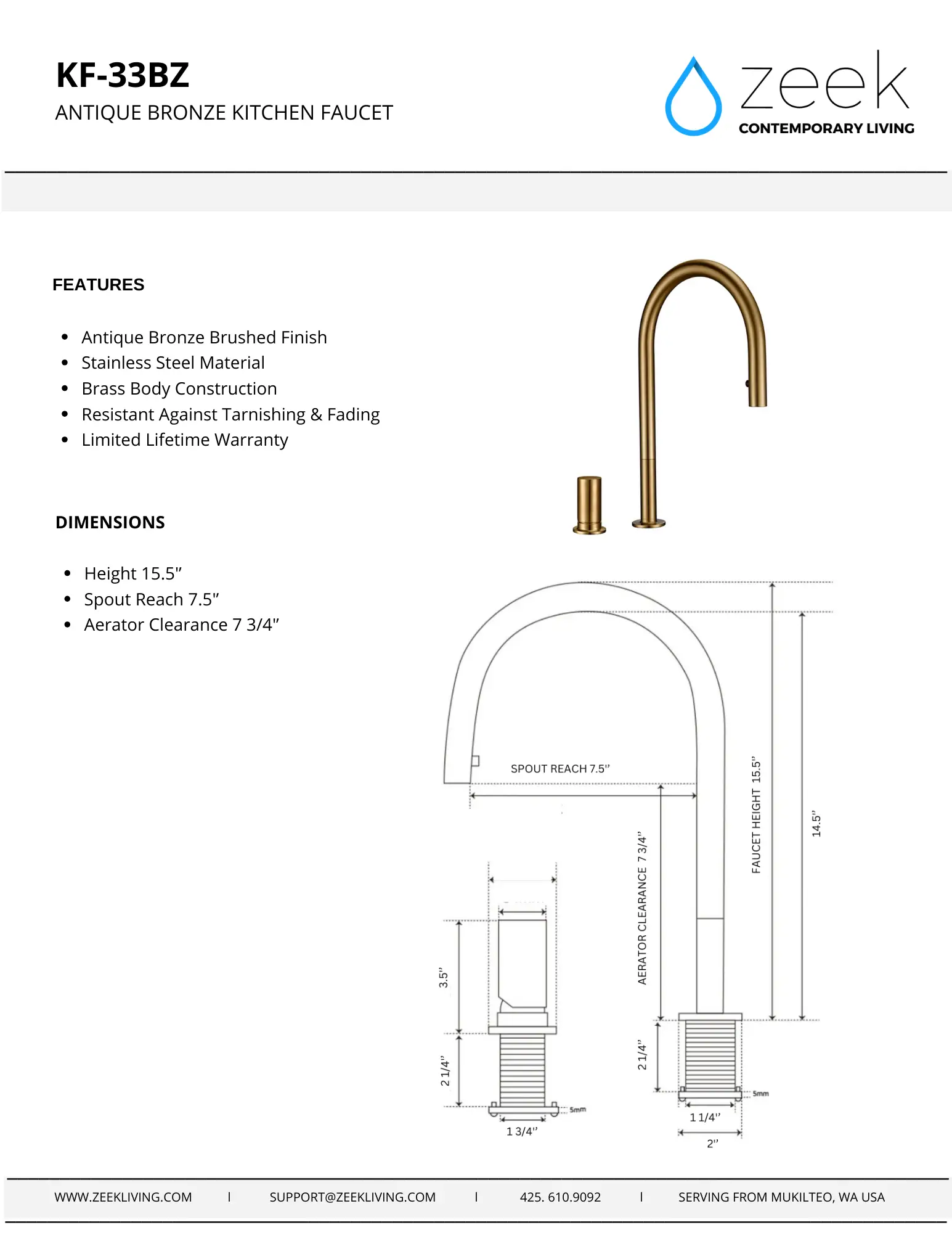 KF-33BZ Bronze Pull-Down Kitchen Faucet by ZEEK