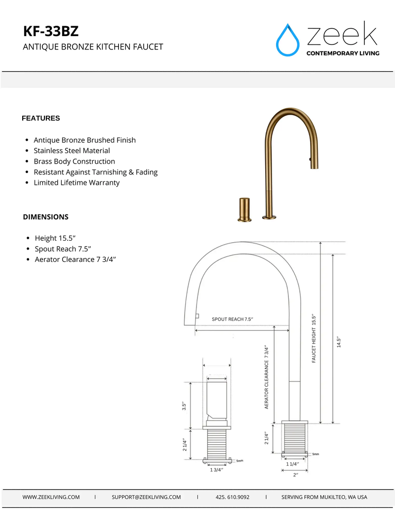 KF-33BZ Bronze Pull-Down Kitchen Faucet by ZEEK