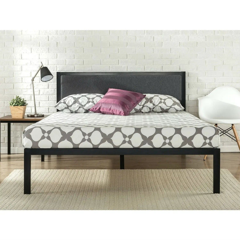 Full size Metal Platform Bed Frame with Wood Slats and Upholstered Headboard by HomePacific