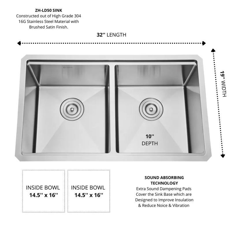 Zeek 32x19 Inch Undermount / Drop-In Double Bowl Workstation Kitchen Sink Stainless Steel 50/50 Bowl With Accessories ZH-LD50 by ZEEK