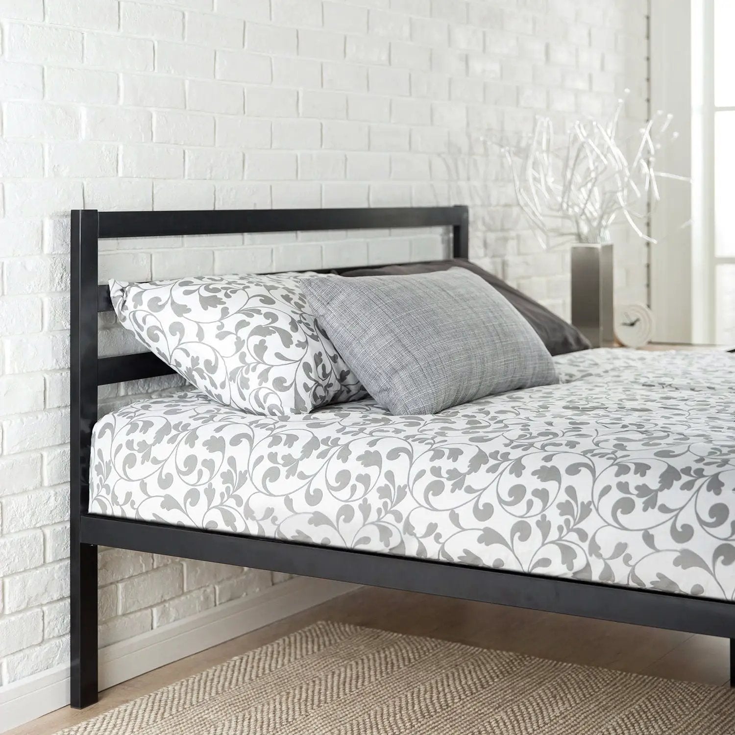 Twin Modern Metal Platform Bed Frame with Headboard and Wood Slats by HomePacific