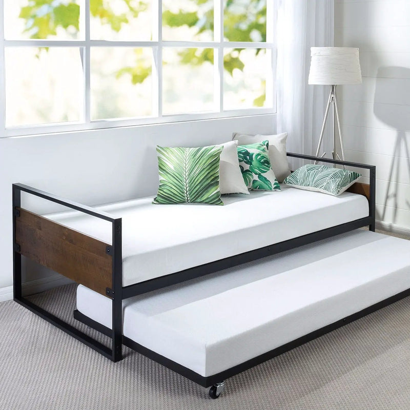 Twin size Metal Wood Daybed Frame with Roll Out Trundle Bed by HomePacific