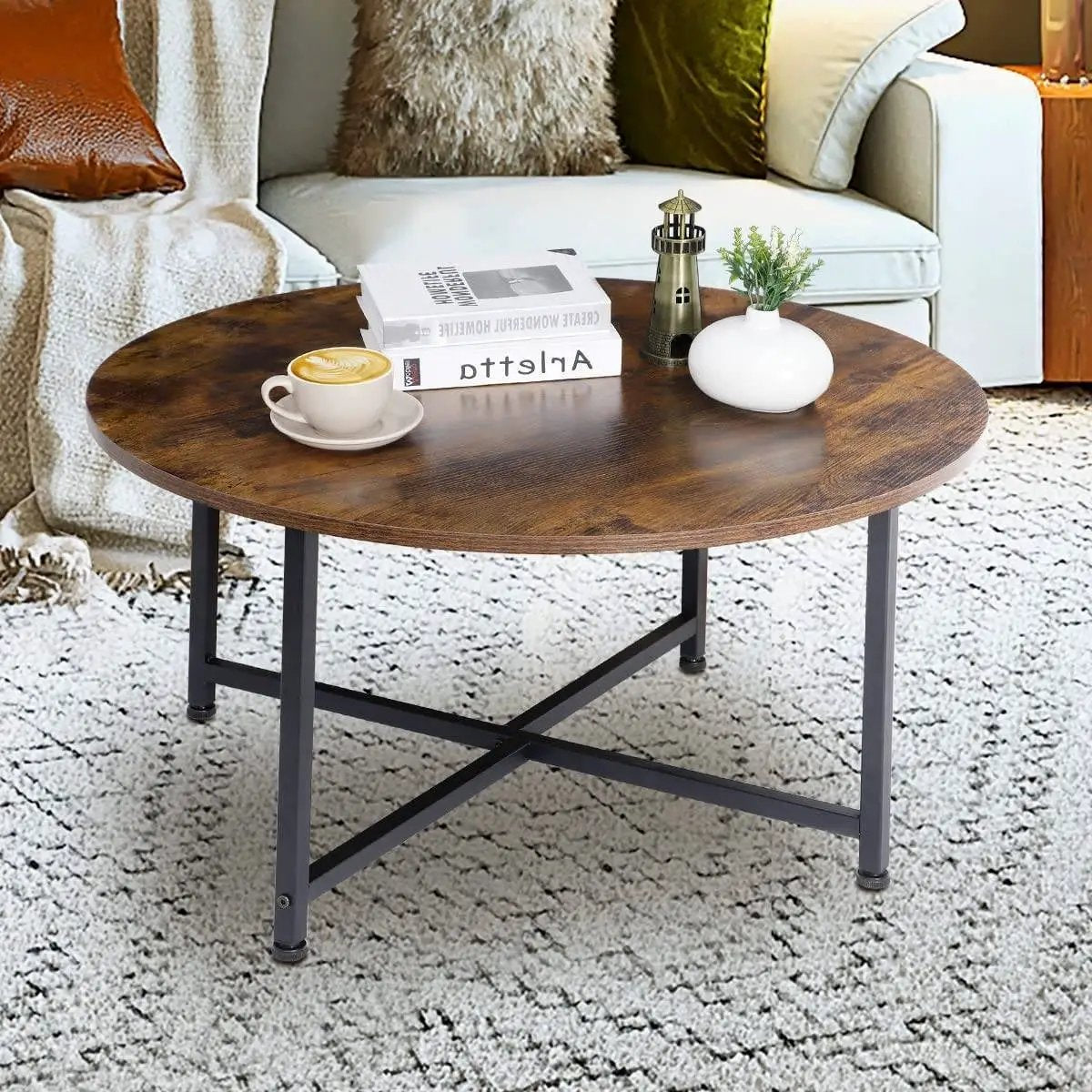 Modern Round Industrial Coffee Table with Rustic Brown Wood Top by HomePacific