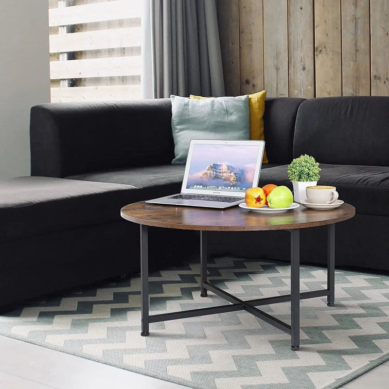 Modern Round Industrial Coffee Table with Rustic Brown Wood Top by HomePacific