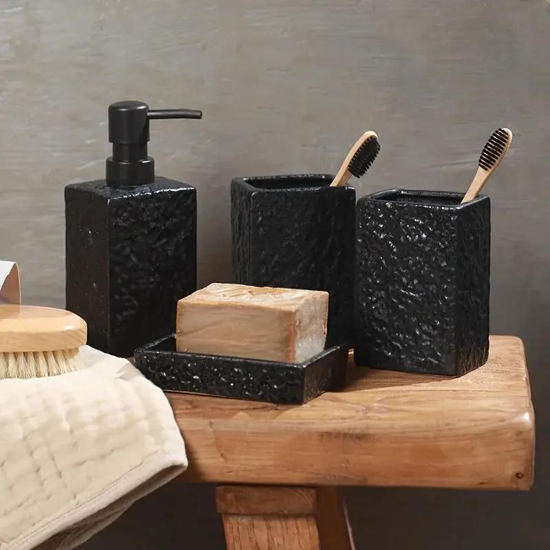 A 4pcs Set Featuring a Minimalist Nordic Design in Ceramic, Including a Stone-Patterned Wash Cup Set, Lotion Bottle, Soap Dish, Bathroom Cleaning Bottles, Mouthwash Cup, Bathroom Essentials, Bathroom Accessories, Perfect As a by House Of Avana