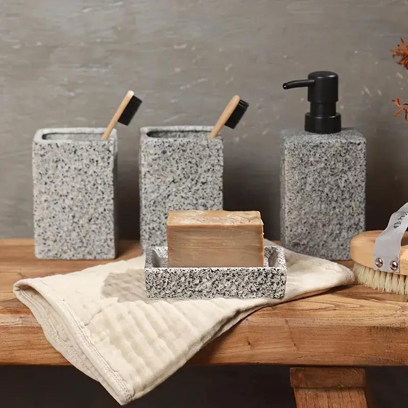 A 4pcs Set Featuring a Minimalist Nordic Design in Ceramic, Including a Stone-Patterned Wash Cup Set, Lotion Bottle, Soap Dish, Bathroom Cleaning Bottles, Mouthwash Cup, Bathroom Essentials, Bathroom Accessories, Perfect As a by House Of Avana