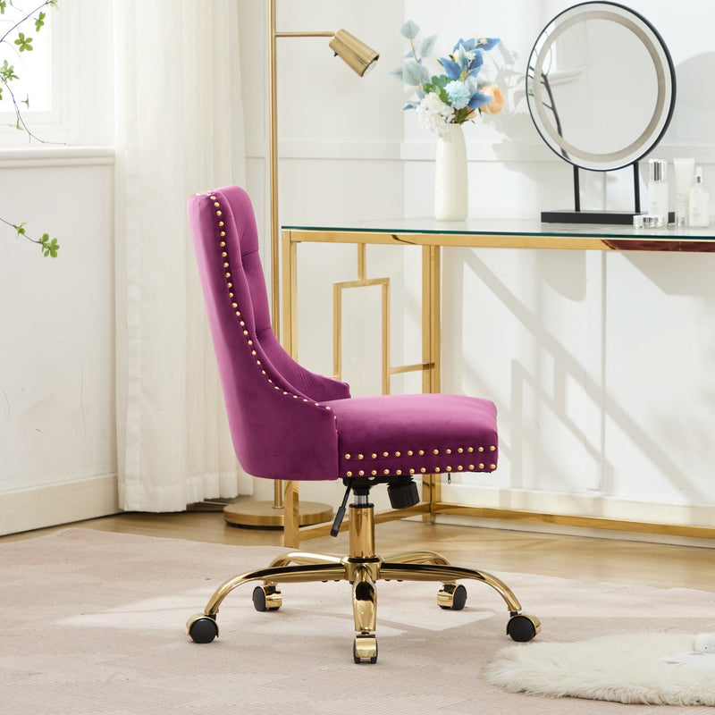 Purple Modern Velvet Upholstered Office Chair with Tufted Buttons - Golden Accents, photo 16 of 18