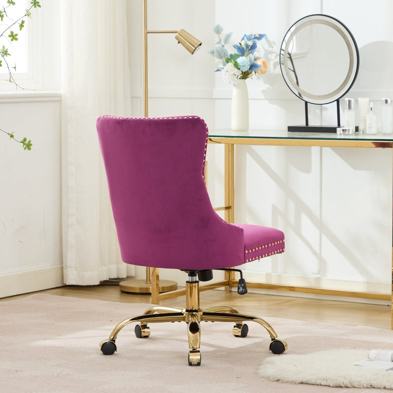Purple Modern Velvet Upholstered Office Chair with Tufted Buttons - Golden Accents, photo 17 of 18