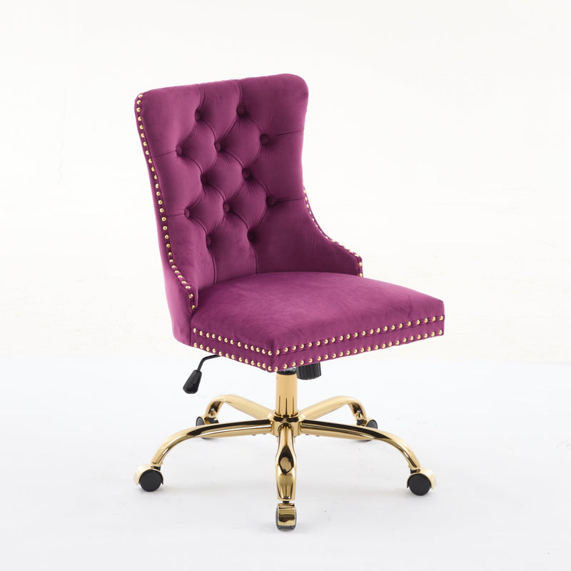 Purple Modern Velvet Upholstered Office Chair with Tufted Buttons - Golden Accents, photo 4 of 18