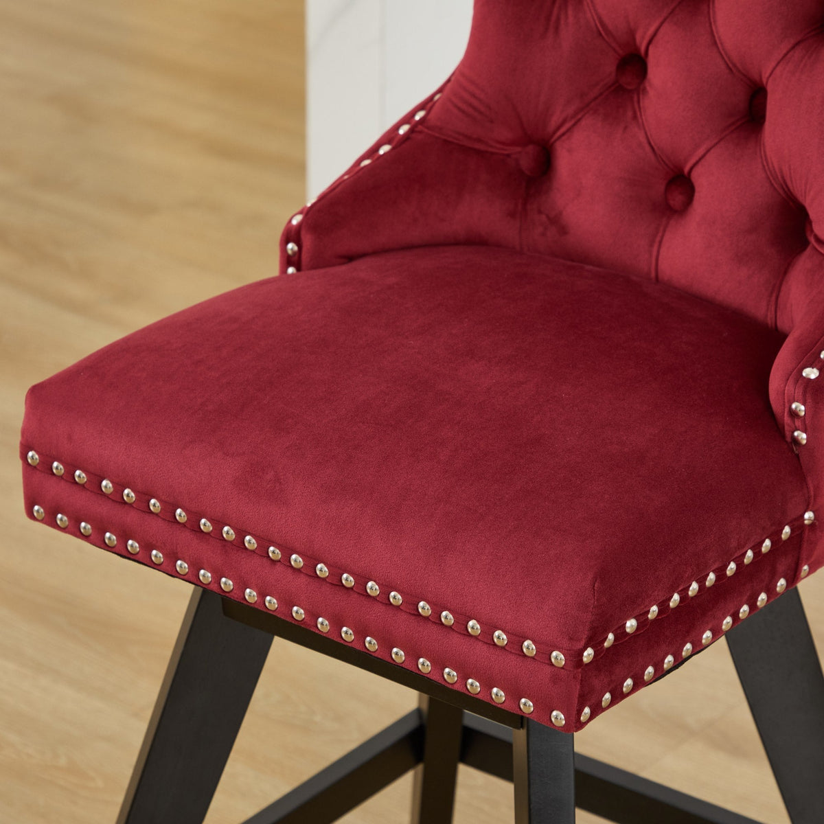 Swivel Velvet Barstools with Button Tufted Decoration - Set of 2 with 360° Swivel - Wine Red, photo 12 of 24