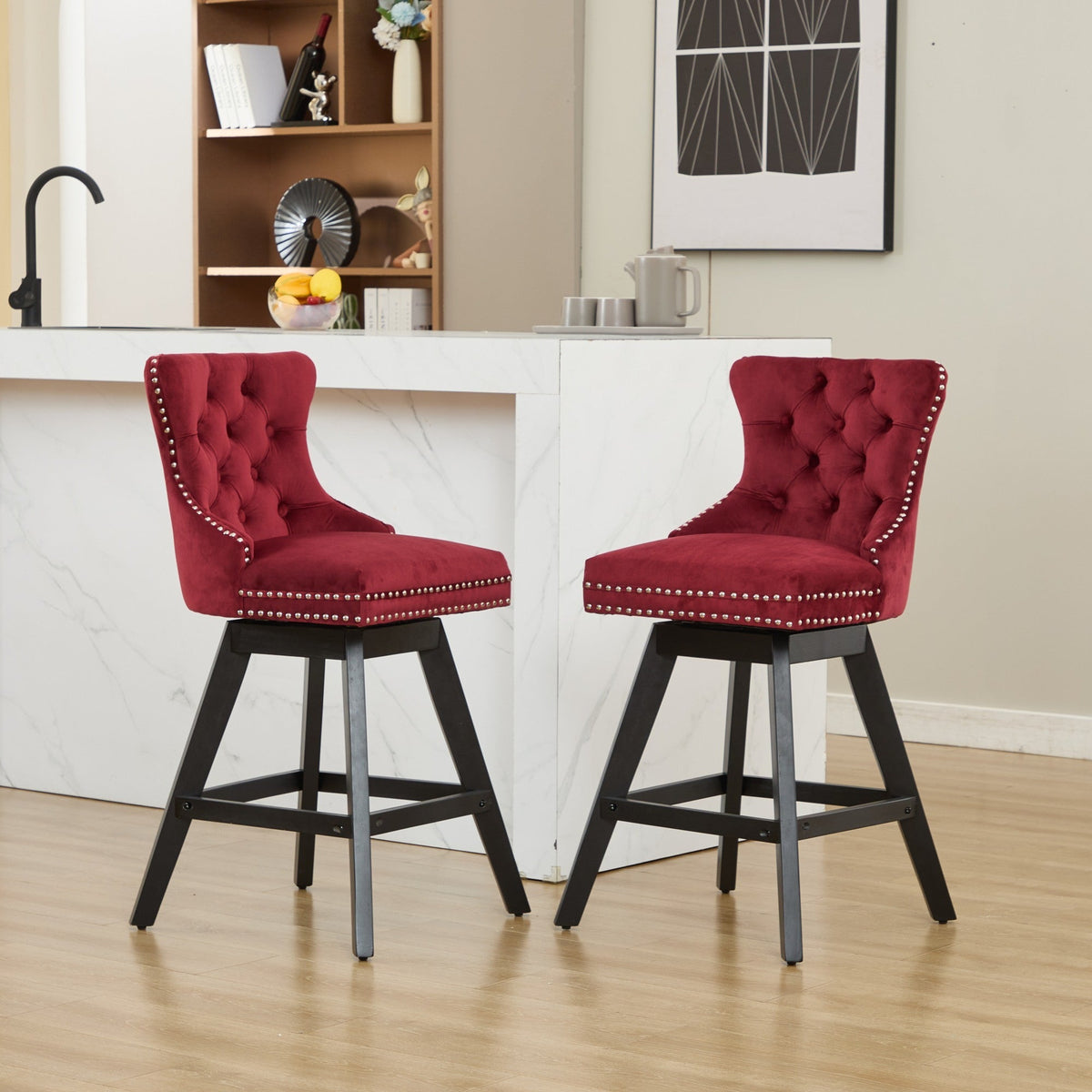 Swivel Velvet Barstools with Button Tufted Decoration - Set of 2 with 360° Swivel - Wine Red, photo 16 of 24