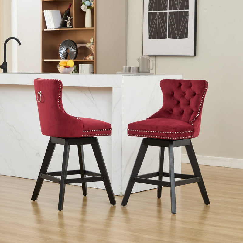 Swivel Velvet Barstools with Button Tufted Decoration - Set of 2 with 360° Swivel - Wine Red, photo 17 of 24