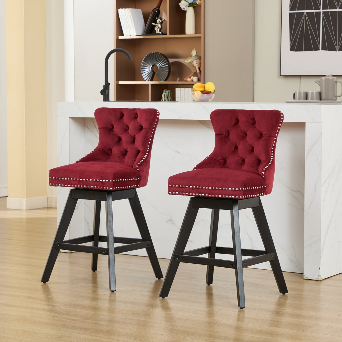 Swivel Velvet Barstools with Button Tufted Decoration - Set of 2 with 360° Swivel - Wine Red, photo 18 of 24