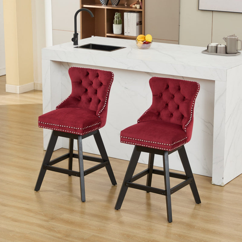 Swivel Velvet Barstools with Button Tufted Decoration - Set of 2 with 360° Swivel - Wine Red, photo 19 of 24