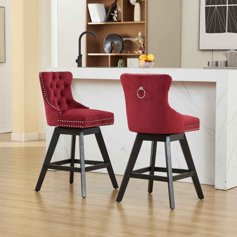 Swivel Velvet Barstools with Button Tufted Decoration - Set of 2 with 360° Swivel - Wine Red, photo 20 of 24