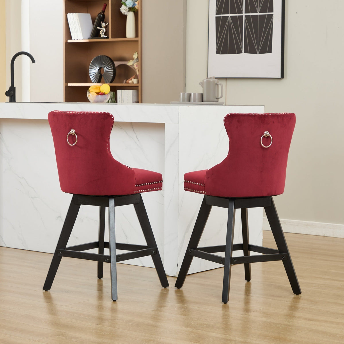 Swivel Velvet Barstools with Button Tufted Decoration - Set of 2 with 360° Swivel - Wine Red, photo 21 of 24