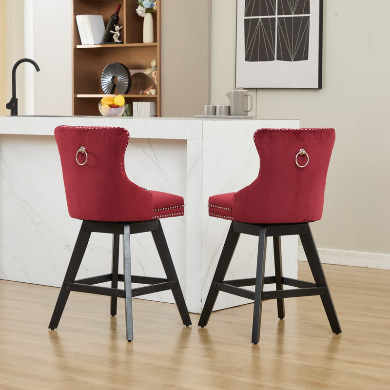 Swivel Velvet Barstools with Button Tufted Decoration - Set of 2 with 360° Swivel - Wine Red, photo 21 of 24