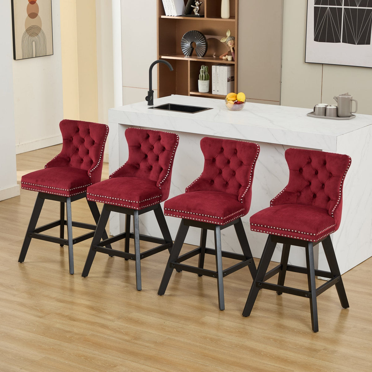 Swivel Velvet Barstools with Button Tufted Decoration - Set of 2 with 360° Swivel - Wine Red, photo 22 of 24