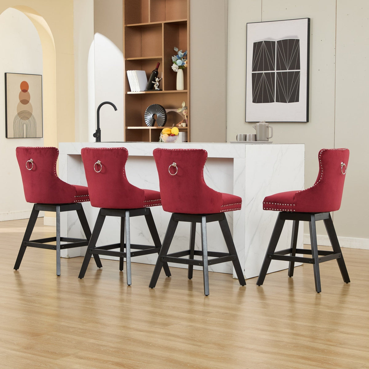 Swivel Velvet Barstools with Button Tufted Decoration - Set of 2 with 360° Swivel - Wine Red, photo 23 of 24