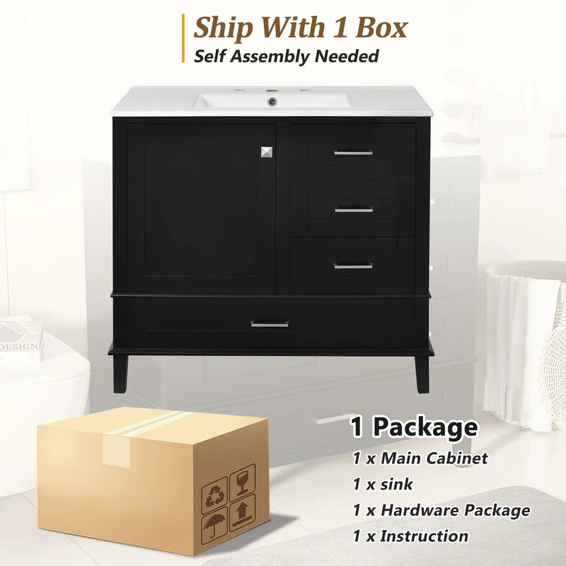 Bathroom Vanity, Modern Bathroom Cabinet With Sink Combo Set, Bathroom Storage Cabinet With A Soft Closing Door And 3 Drawers, Solid Wood Frame by Unique Piece Furniture