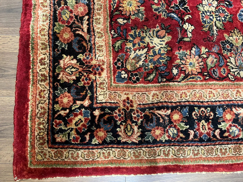 Persian Sarouk Rug 5x6, Hand Knotted Antique 1920s Sarouk, Red Navy Blue by Jewel Rugs