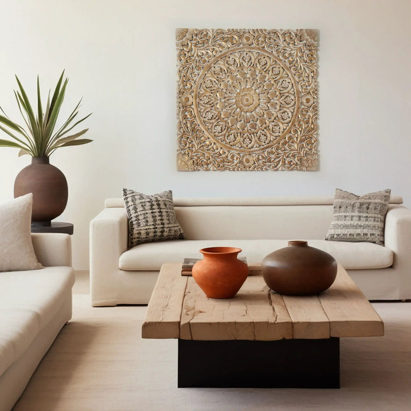 Floral Hand Carved Mandala Square Wall Decor With Spiritual Symbolism - Gold / White by Unique Piece Furniture