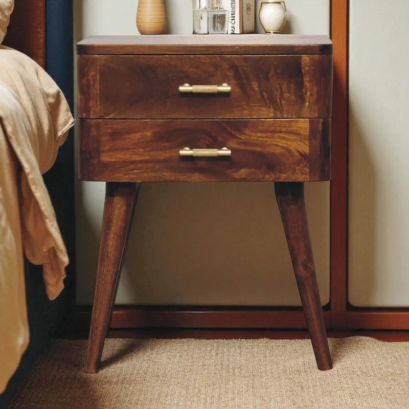 Solid Wood Chestnut T-Bar Nightstand, 2-Drawers, Nordic Legs by HouseOfZazla