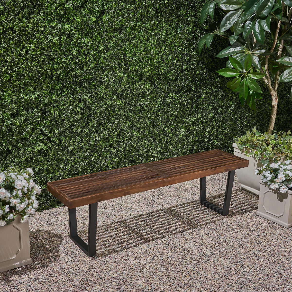 Modern Acacia Wood Patio Dining Bench with Iron Legs - Natural Wood/Iron, photo 2 of 9