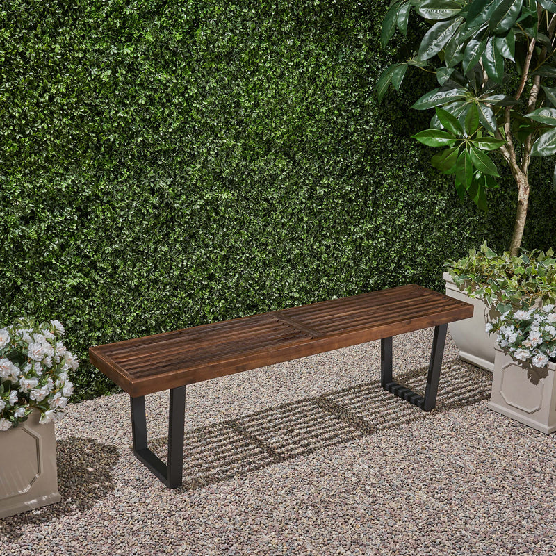 Modern Acacia Wood Patio Dining Bench with Iron Legs - Natural Wood/Iron, photo 2 of 9