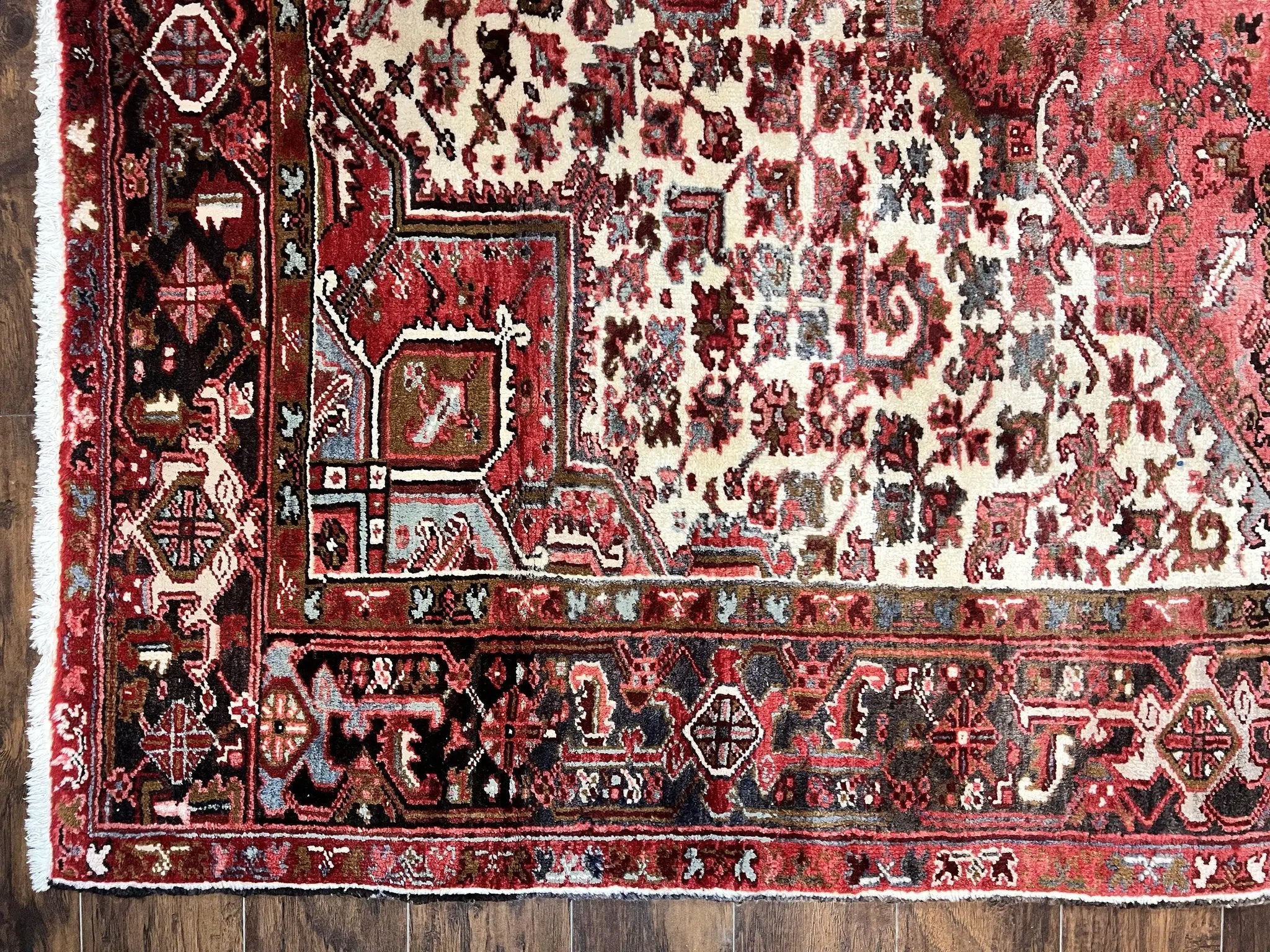 Large Persian Heriz Rug 10x13, Red and Cream Geometric Tribal Room Sized Handmade Wool Hand Knotted Semi Antique Decorative Oriental Carpet by Jewel Rugs