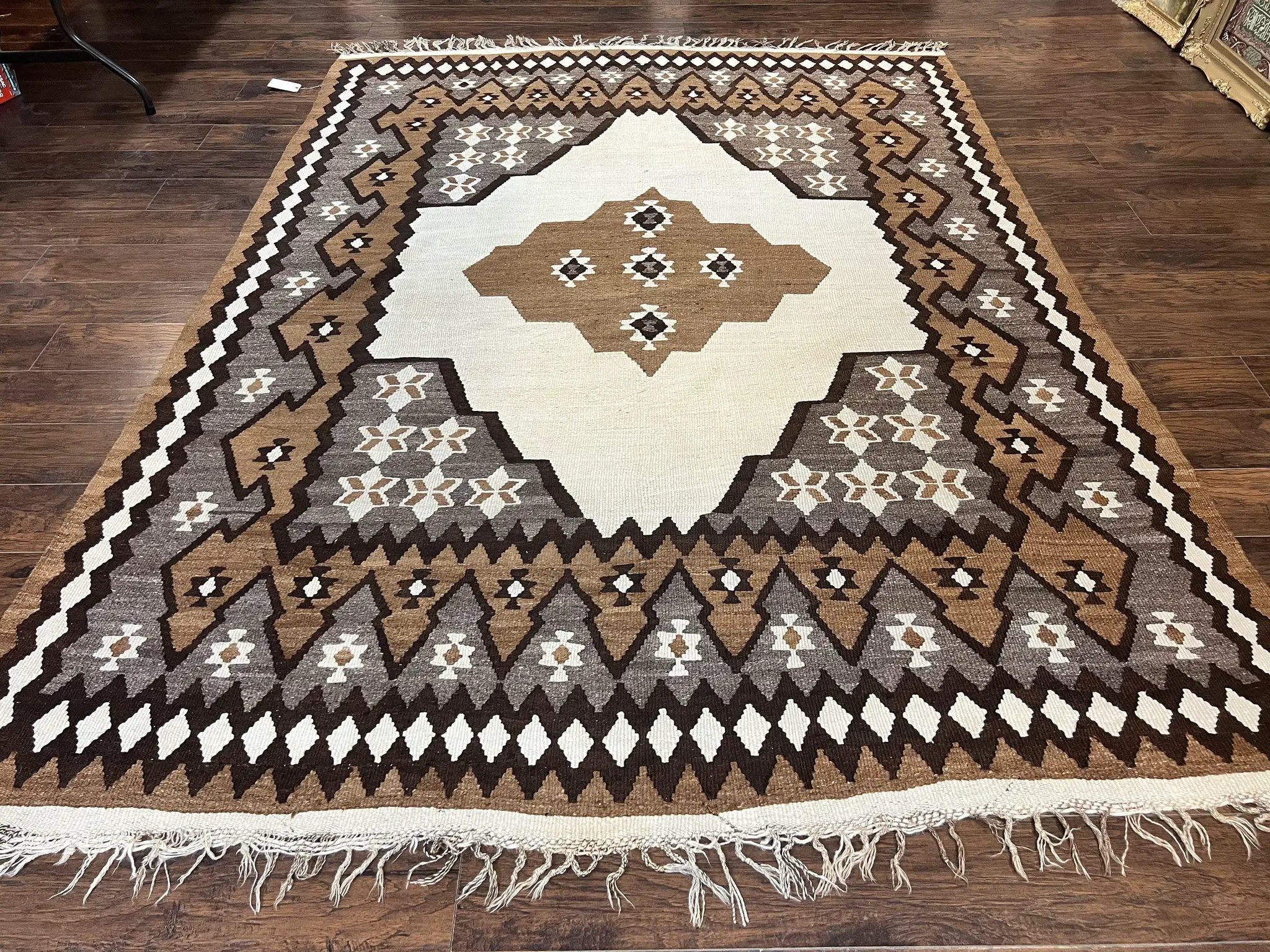 Antique Persian Fars Kilim Rug 8x11, Wool, Boho Tribal Persian Shiraz Flatweave Carpet, Semi Open Field, Geometric, Handmade, Vintage Semi Antique by Jewel Rugs