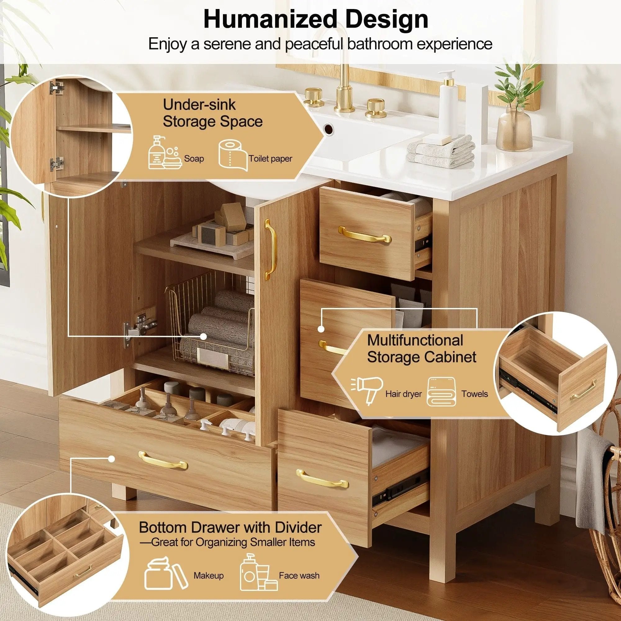 36" Bathroom Vanity, 2 Soft Close Doors, 4 Soft Close Drawers, Adjustable Shelf, Storage Cabinet - Acacia Wood by HouseOfZazla