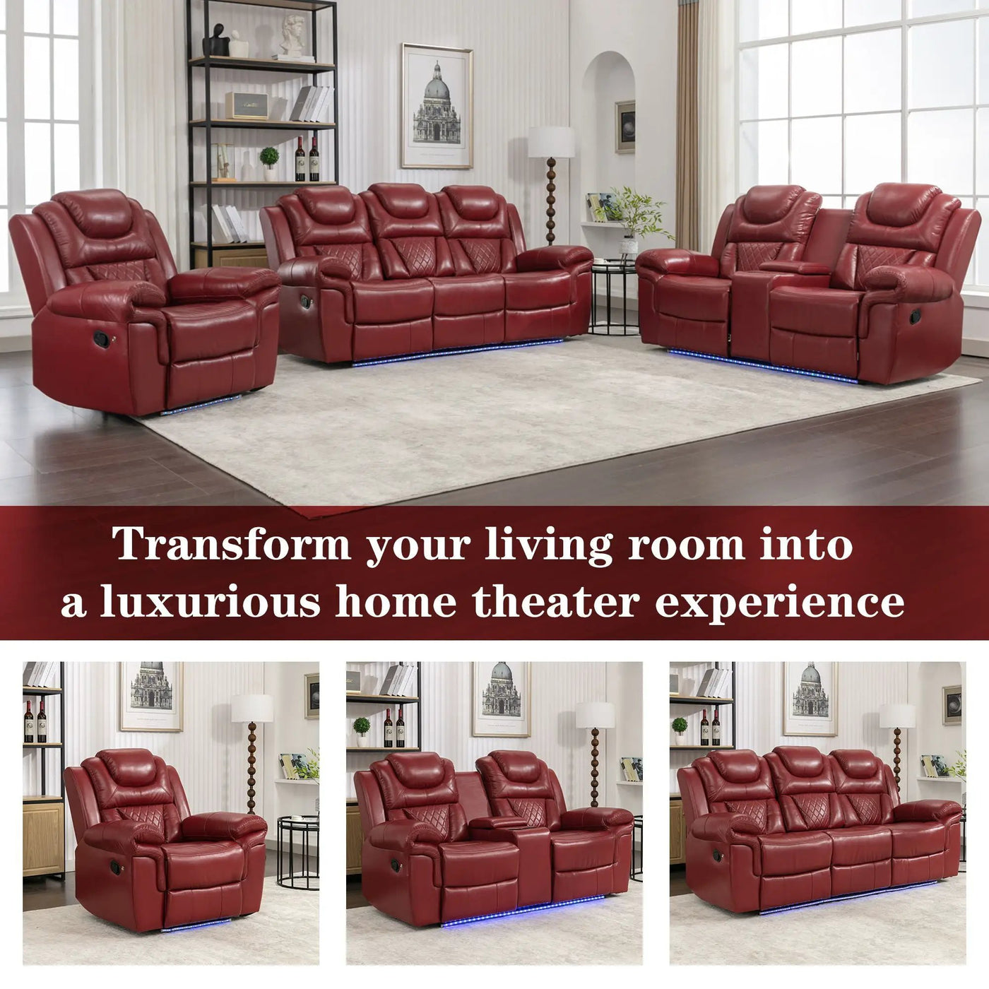 Home Theater Seating Manual Recliner Loveseat With Hide-Away Storage, Cup Holders And Led Light Strip For Living Room by Unique Piece Furniture