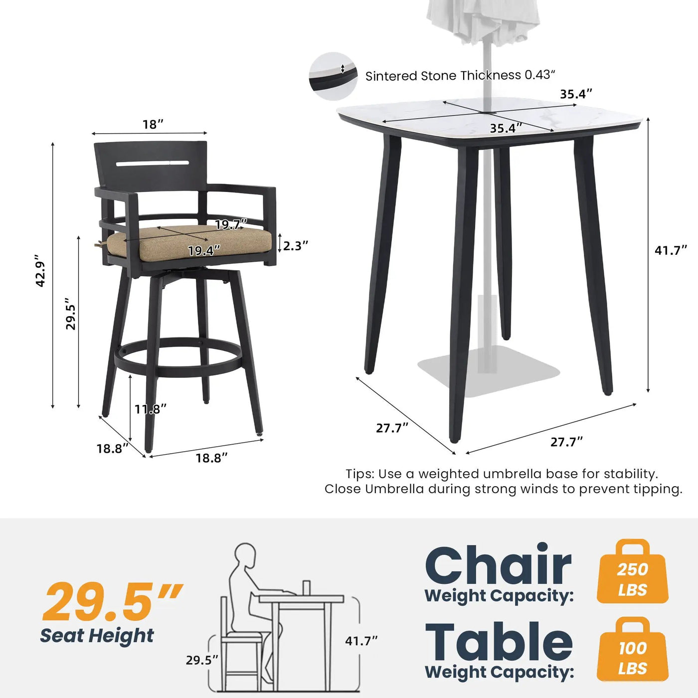5 Pieces Outdoor Patio Bar Set, Rounded Square Sintered Stone Table & 4 Swivel Bar Chairs by HouseOfZazla