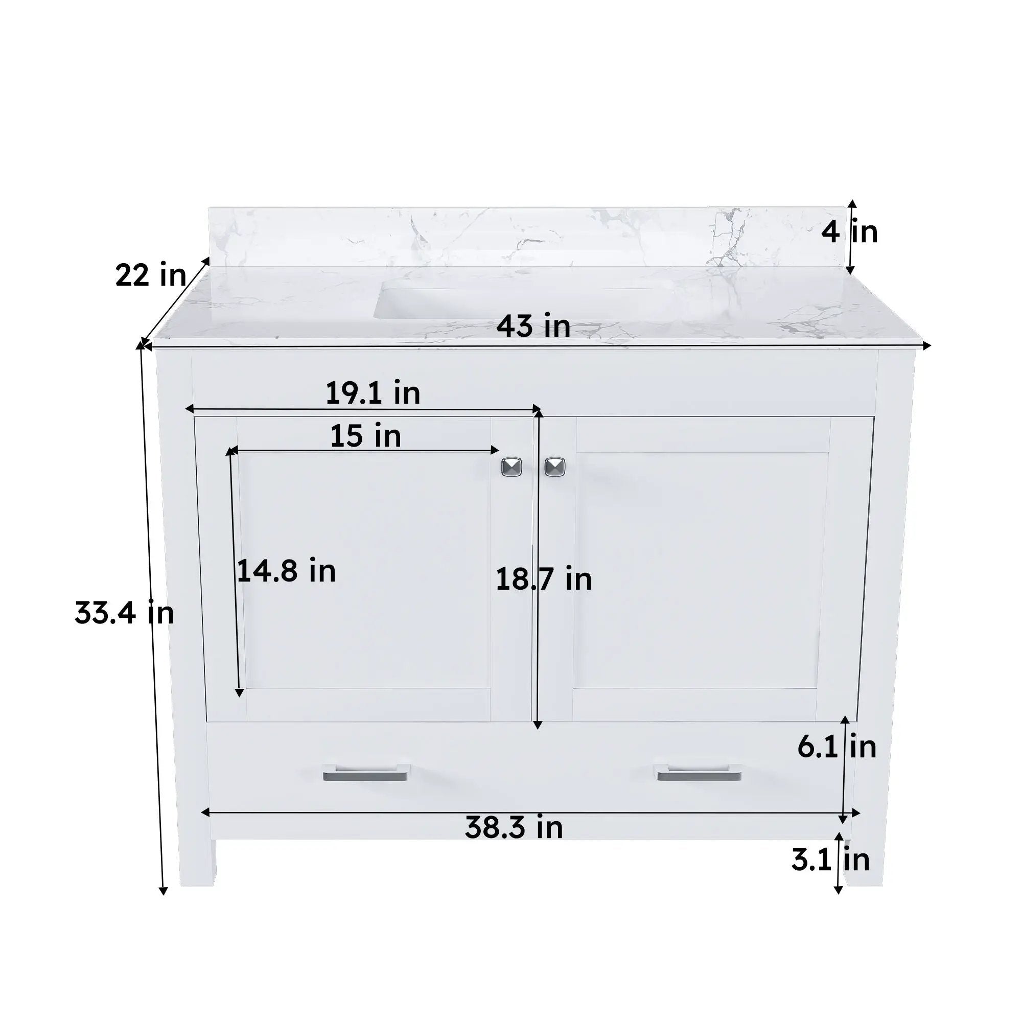 43" Bathroom Vanity With Artificial Marble Carrara Top Set, Multi Functional Cabinet With Doors And Drawer - White by HouseOfZazla