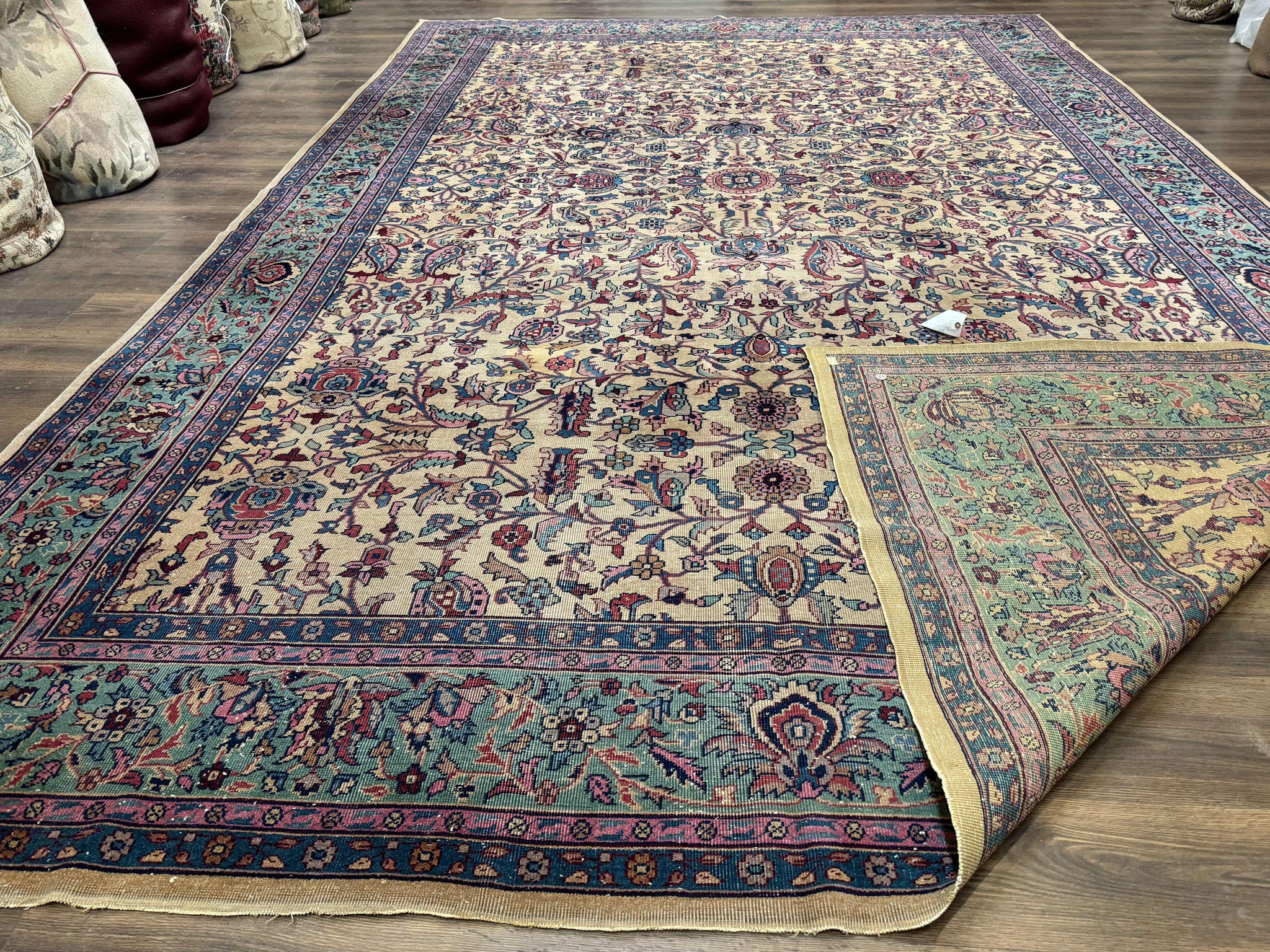 Antique Persian Rug 10x15, Camel and Cyan, Allover Pattern, Rare, Samarkand Rug by Jewel Rugs