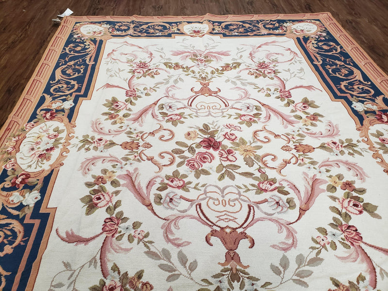Chinese Aubusson Savonnerie Area Rug 6x8, Vintage Hand-Woven Needlepoint Rug, Flat Weave Handmade Wool Carpet Living Room Ivory & Navy Blue by Jewel Rugs
