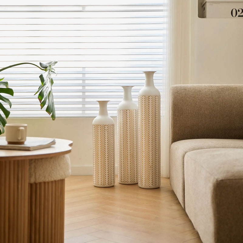 Floor Metal Vase Modern Style Decoration Home Metal Vase 3 Piece Set Gorgeous Home Decoration Large Glazed Metal Vase - Gold / White by HouseOfZazla
