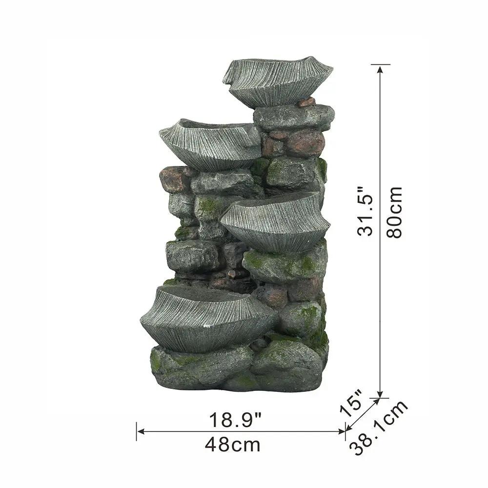 Indoor Outdoor Stone Water Fountain, 4 Tier Polyresin Cascading Rock Bowl Freestanding Fountain With LED Ligh - Gray by HouseOfZazla