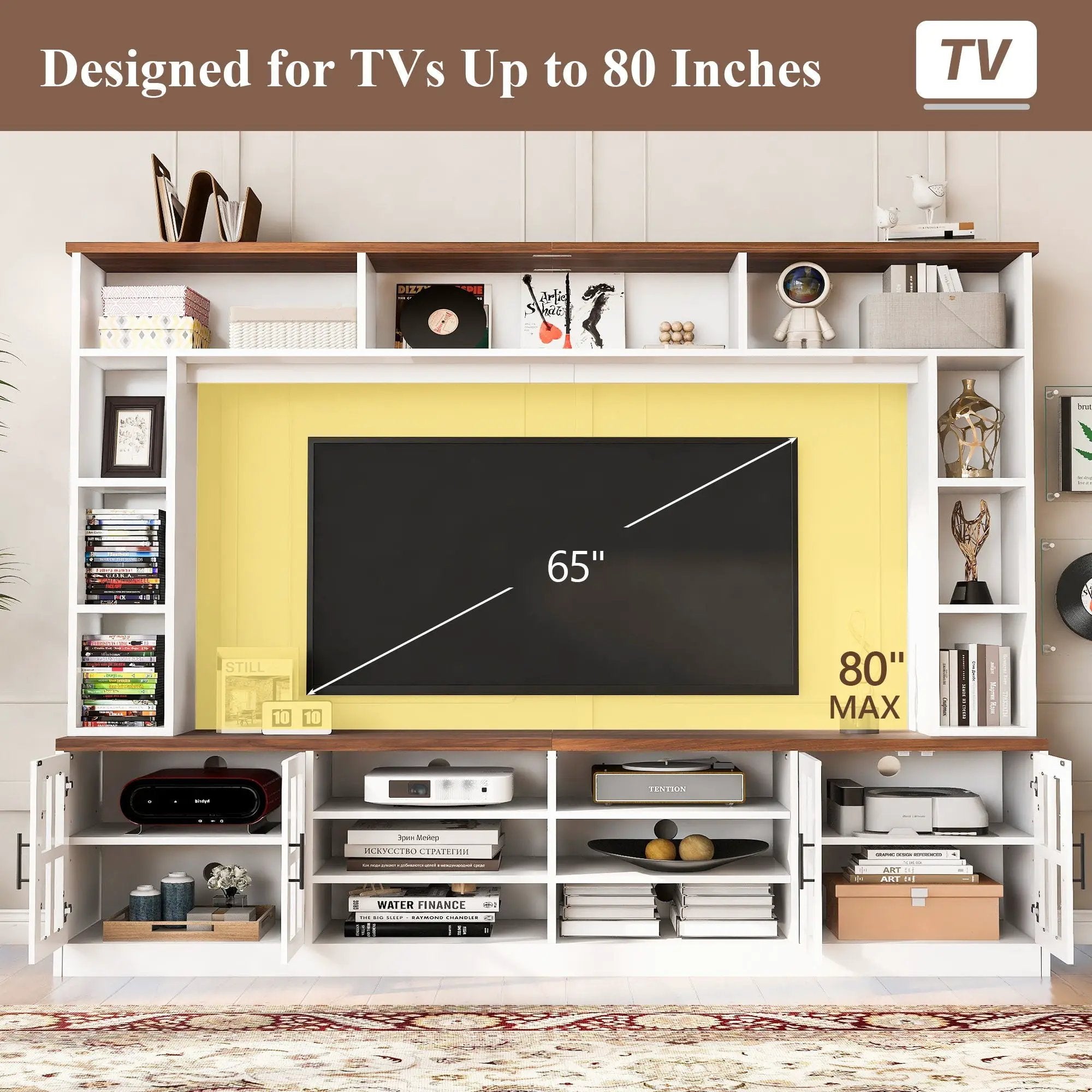 Wall Unit Entertainment Center With Bookshelves For TVs Up To 80", Tempered Glass Doors And Adjustable Shelves by HouseOfZazla