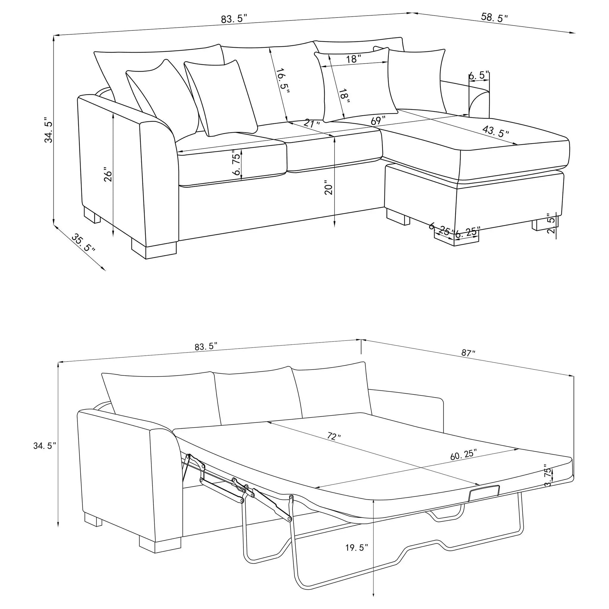 Pacheco - Upholstered Sleeper Sectional Chaise Sofa With Pocket Coils And Reversible Cushions - Dark Gray by HouseOfZazla