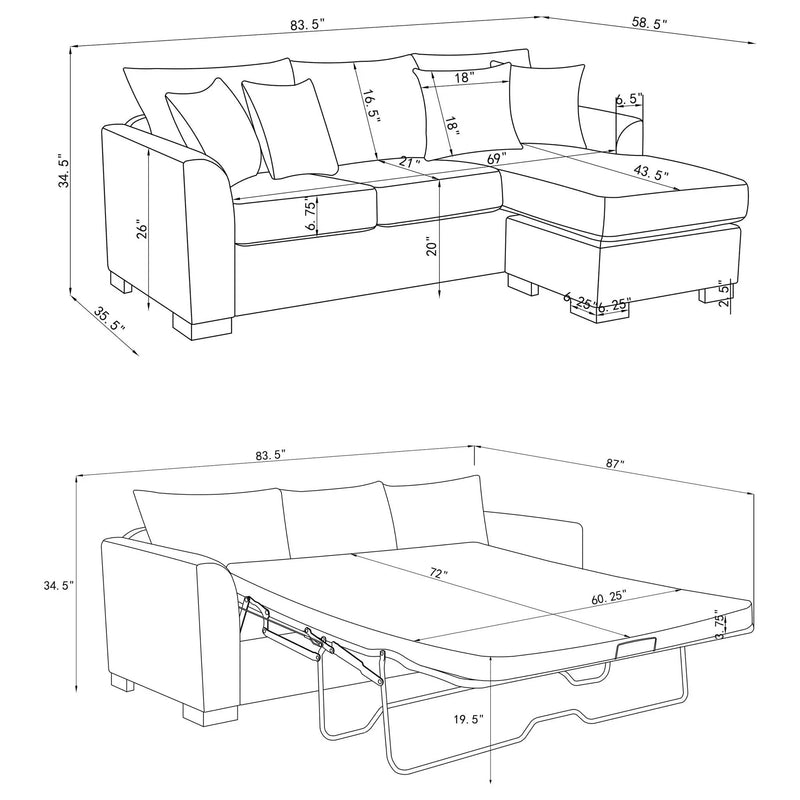 Pacheco - Upholstered Sleeper Sectional Chaise Sofa With Pocket Coils And Reversible Cushions - Dark Gray by HouseOfZazla