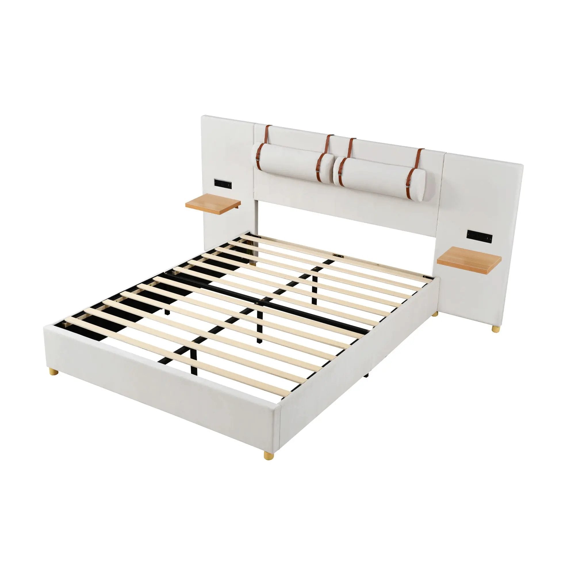 Upholstered Platform Bed, 2 Outlets And USB Charging Ports On Both Sides, 2 Bedside Pillows, Storage Shelves by Unique Piece Furniture