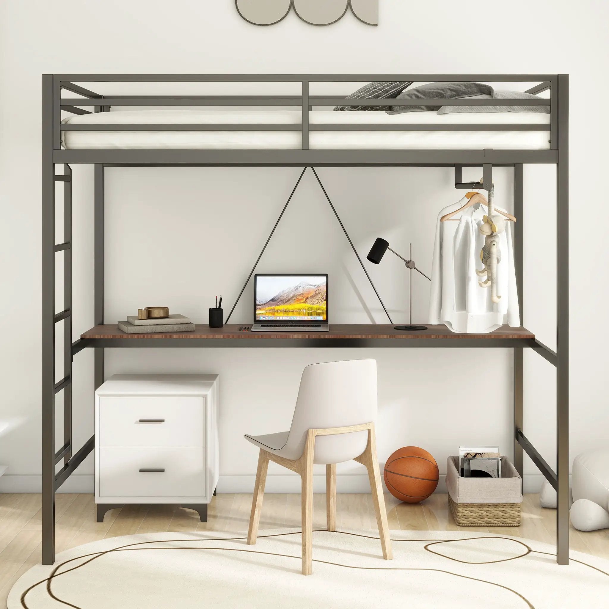 Adam - Twin Loft Bunk Bed With Cinnamon Wood Desk And Closet Rod - Black by Unique Piece Furniture