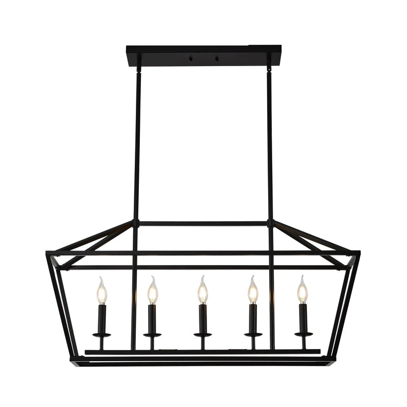 5 Light Farmhouse Kitchen Island Lighting, 5 Light Industrial Linear Chandelier For Dining Room Metal Hanging Pendant Light Fixture For Bedroom Living Room Hallway Conference Room - Matte Black by HouseOfZazla